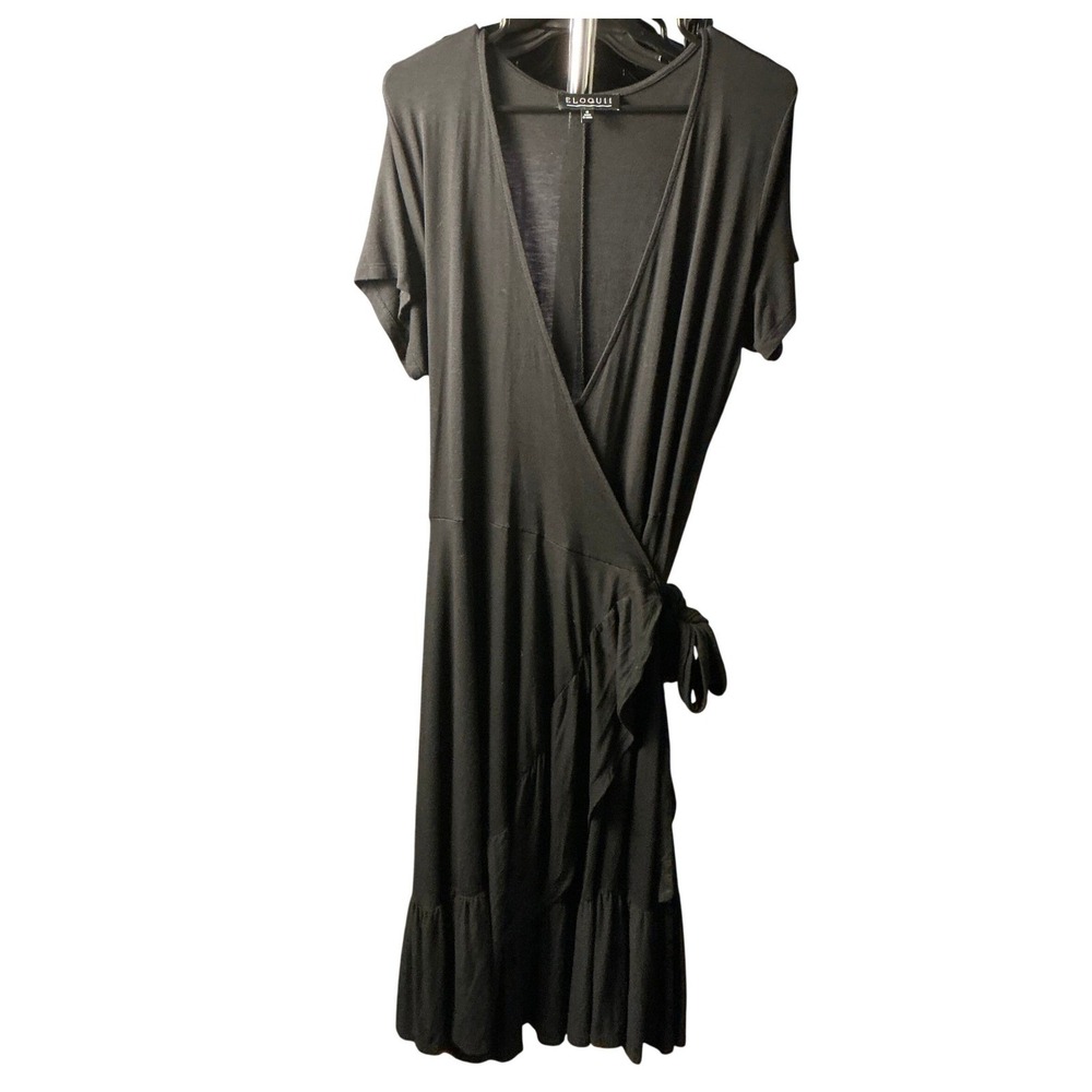 Eloquii Black Wrap Dress Size 18 Short Sleeve Ruffle Hem V-Neck Midi Knit